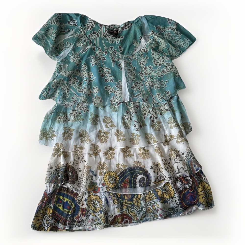 Y2K Boho Micro Mini Dress Blue Peasant Tiered Flutter Sleeve Festival Beach - Picture 2 of 8